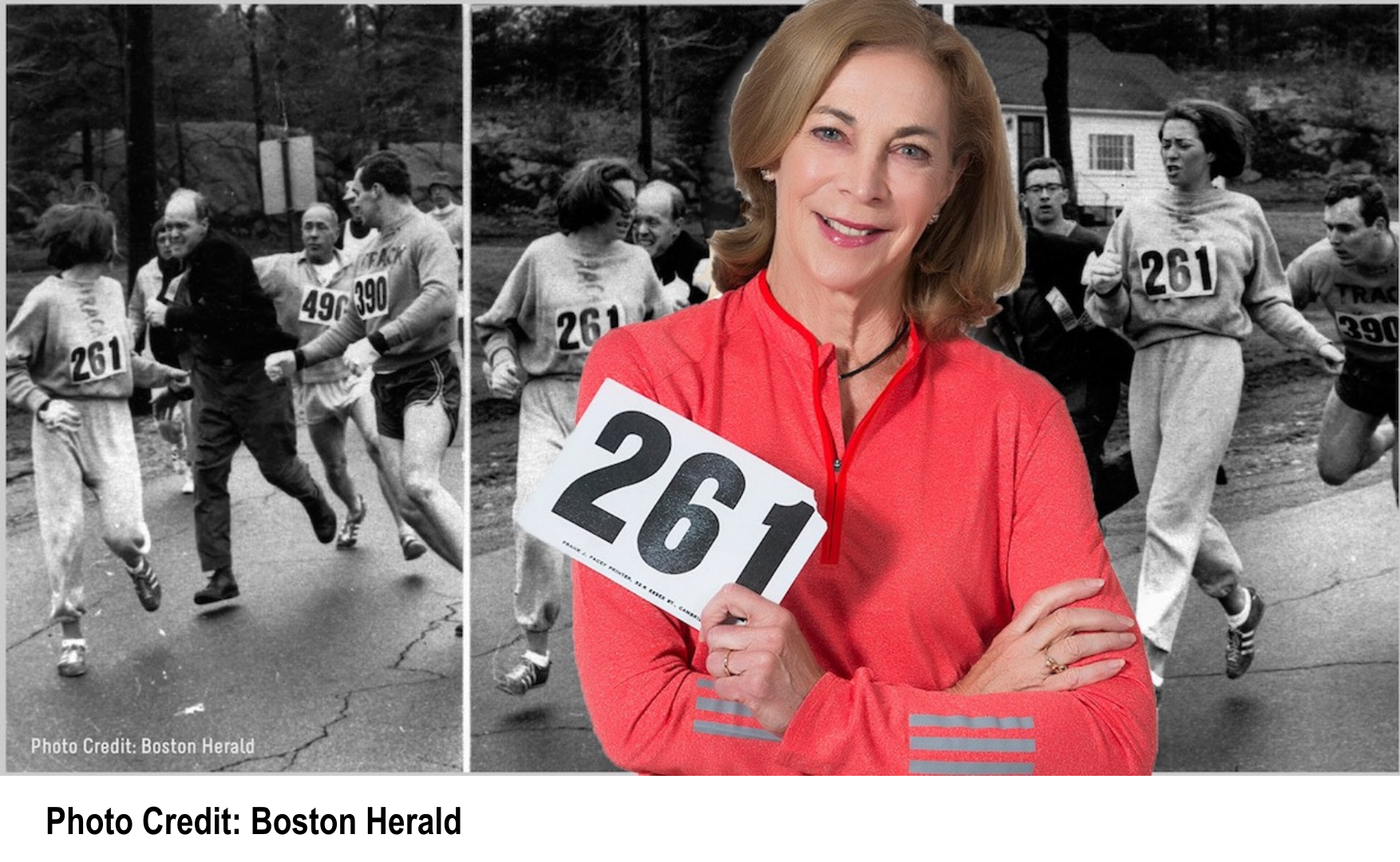 Kathrine Switzer, an icon of the women's running movement, proudly poses with her bib number 261 in front of a historic photo from her famous Boston Marathon run