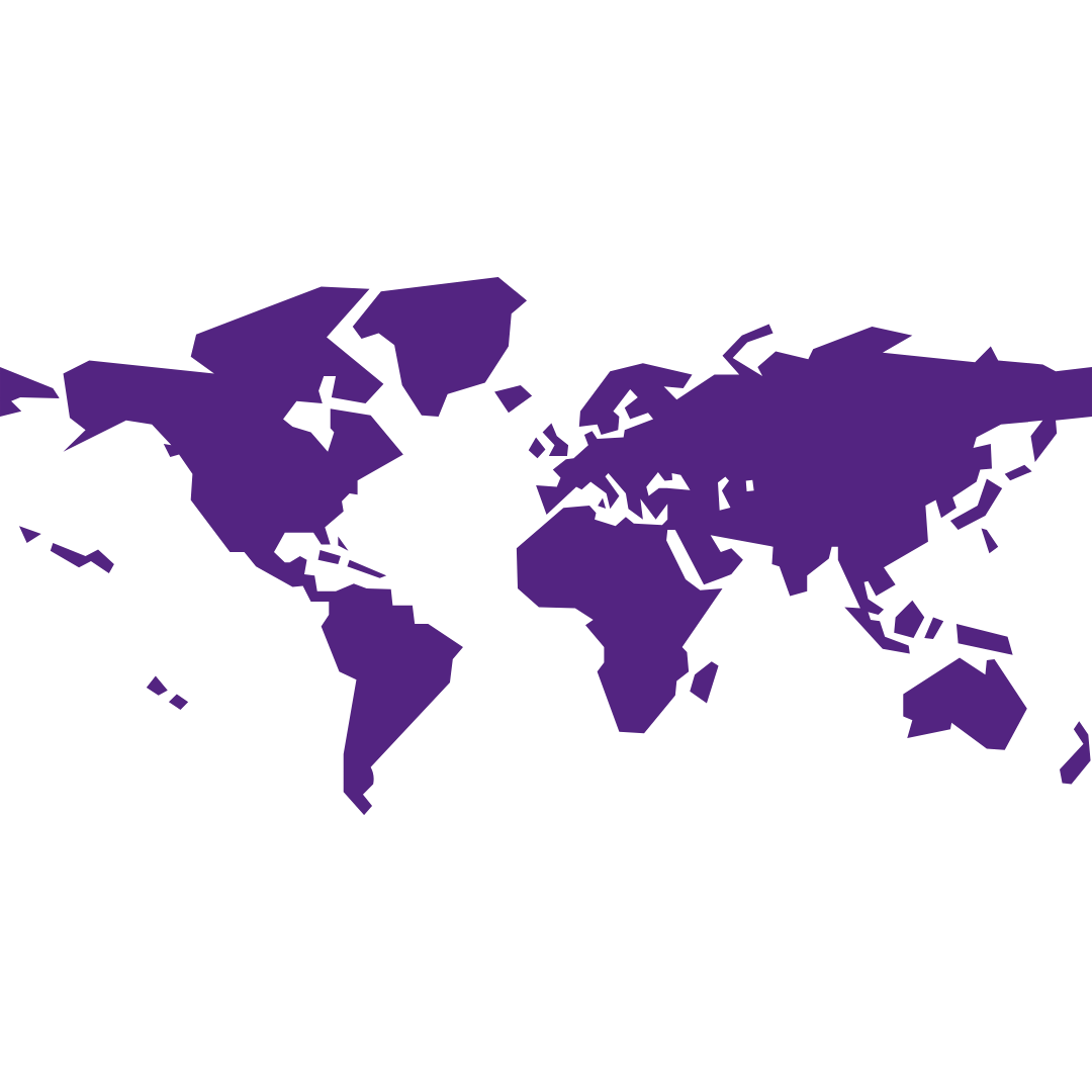 Weltkarte in violetter Farbe auf schwarzem Hintergrund, die die globale Reichweite und Vernetzung von 261 Fearless symbolisiert