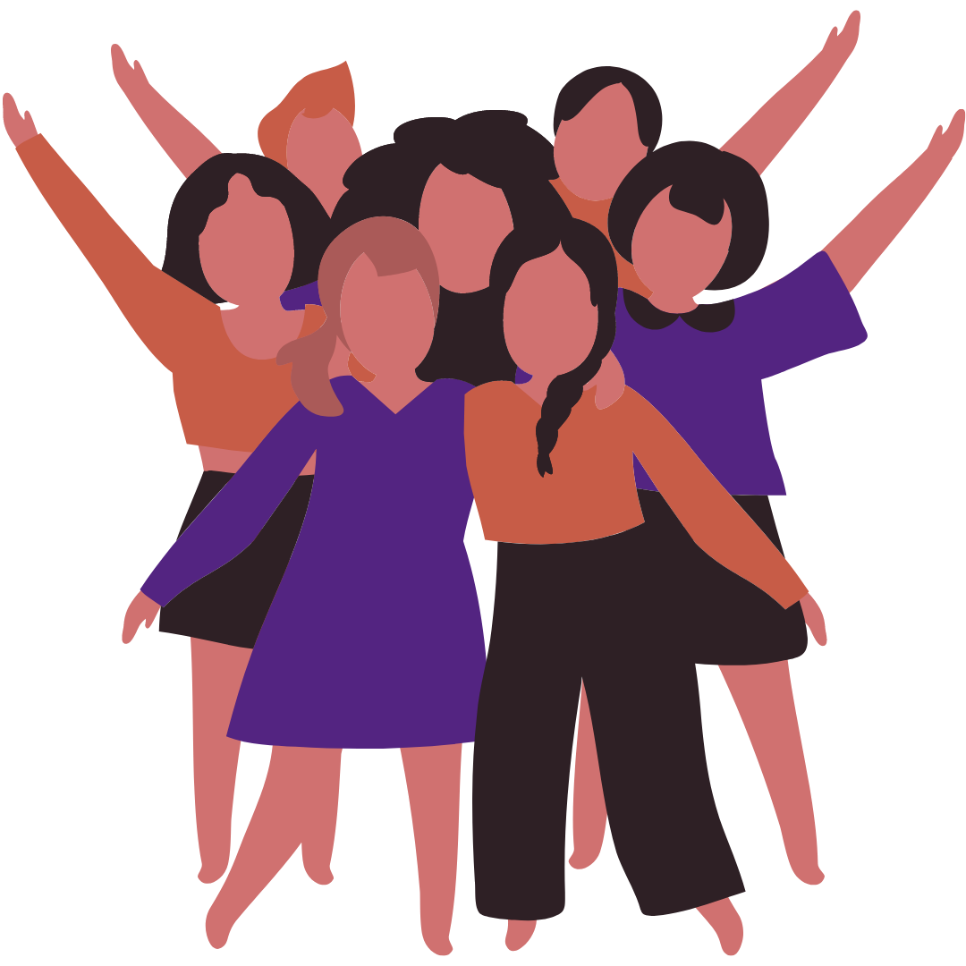 Illustration einer Gruppe von sieben jubelnden Frauen in bunten Kleidern und Posen, die Gemeinschaft und Diversität von 261 Fearless symbolisieren