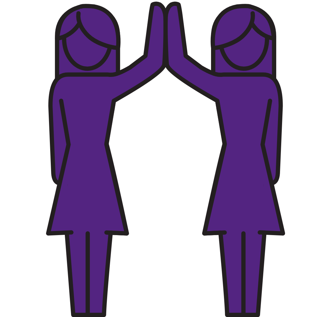 Graphic of two women in purple dresses performing a high-five in a mirror image pose, a symbol of team spirit and mutual support at 261 Fearless