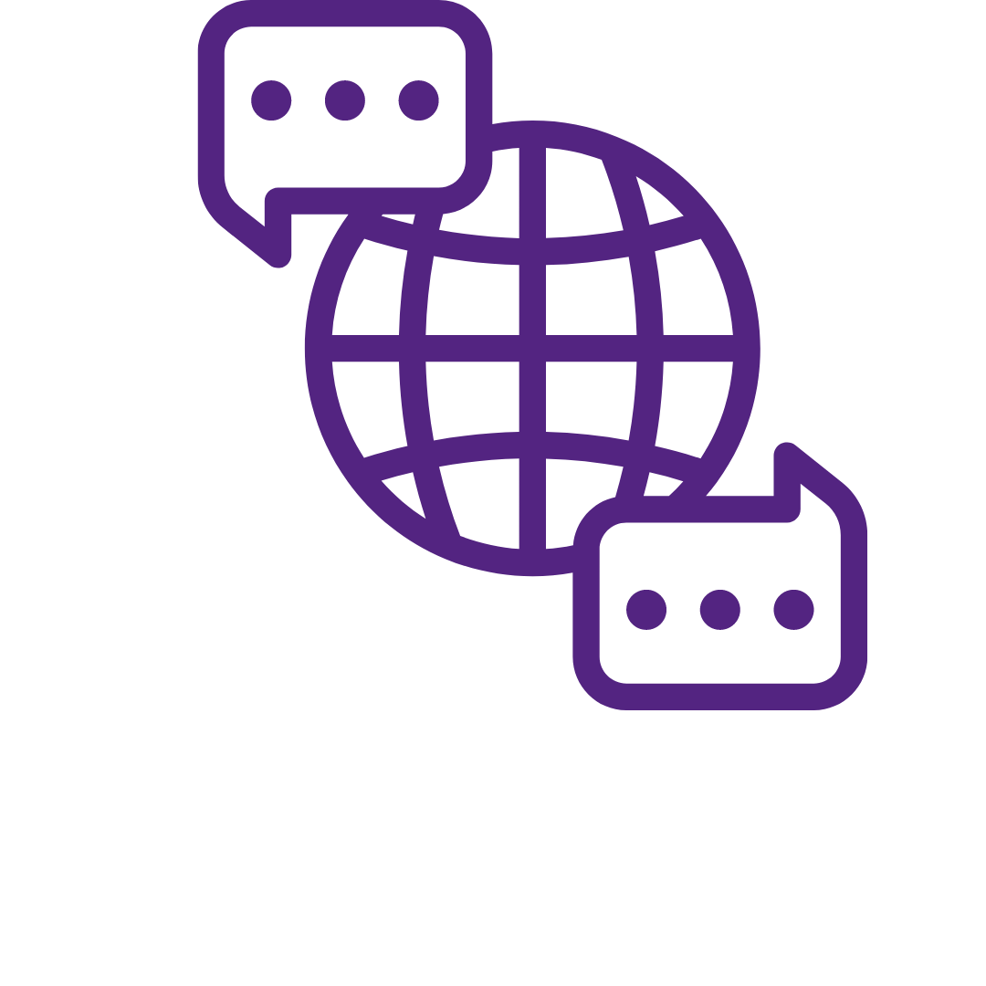 Symbol einer Weltkugel mit zwei Chat-Blasen, die die weltweite Kommunikation und den Austausch in der 261 Fearless Community darstellen